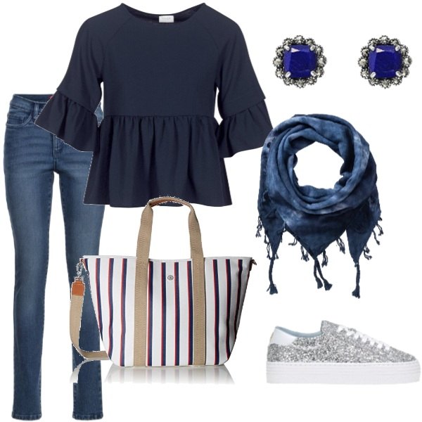 Outfit donna - Basic #15622. Stile Basic per Tutti i giorni. Abbinamento con jeans slim fit, sciarpina con frange blu, camicetta blu, sneakers mini con zeppe e lacci con punta tonda made italy, orecchini a perno argento, borsa a mano a righe multicolore.