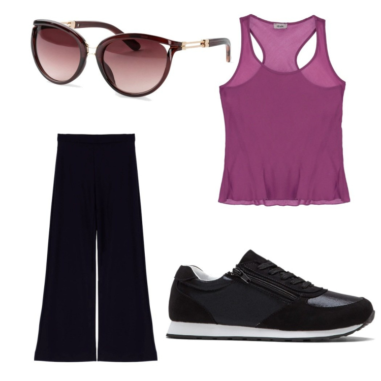 Outfit donna - Libera. Stile Casual chic per Tutti i giorni. Abbinamento con occhiali da sole, sneakers, pantaloni a palazzo, canottiere.