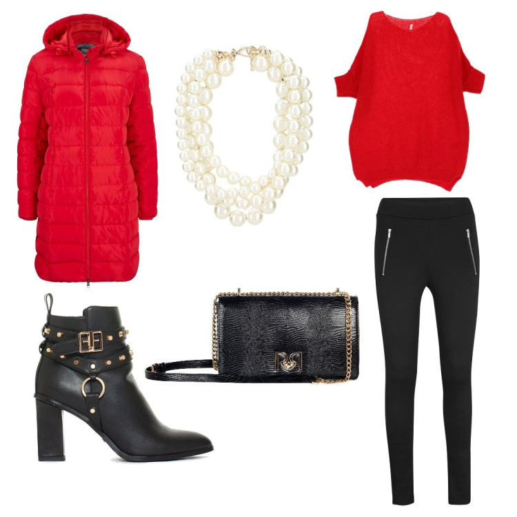 Outfit donna - Rosso e nero. Stile Casual chic per Tutti i giorni. Abbinamento con pullovers, stivaletti, collane, borse a tracolla, leggings, giacche.