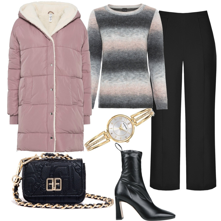 Outfit donna - Total look #1724362. Stile Casual per Tutti i giorni. Abbinamento con maglieria, cappotti, stivaletti, pantaloni capri, marsupi, orologi analogici.