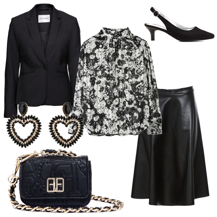 Outfit donna - In bianco e nero. Stile Chic per Serata fuori. Abbinamento con blazer, gonne, décolleté, bluse, marsupi, orecchini.