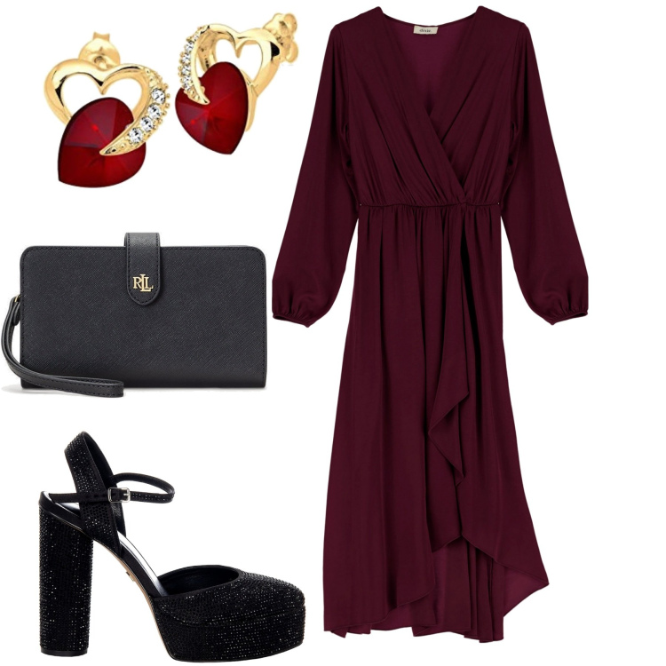 Outfit donna - Serata. Stile Trendy per Serata fuori. Abbinamento con vestiti asimmetrici, scarpe col tacco, pochette, orecchini.