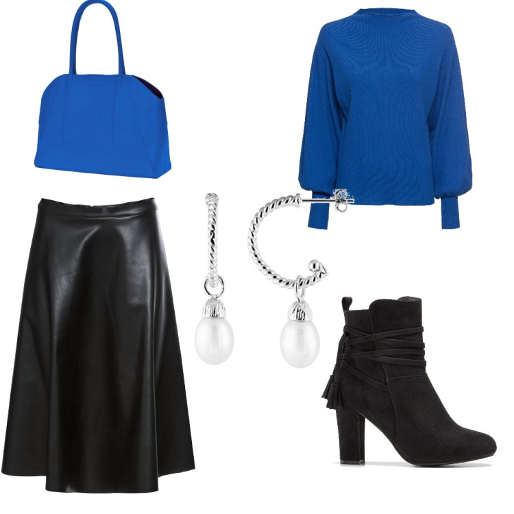Outfit donna - Blu e nero. Stile Minimal per Tutti i giorni. Abbinamento con maglieria, gonne, stivaletti, orecchini, zaini.