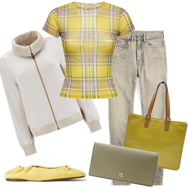 Outfit donna - Tempo libero. Stile Casual per Tutti i giorni. Abbinamento con borse a spalla, felpe, portafogli, jeans skinny, ballerine, t-shirt.