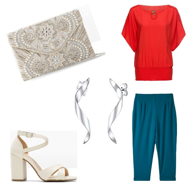 Outfit donna - Aperitivo colorato. Stile Casual chic per Serata fuori. Abbinamento con pantaloni chino, pochette, orecchini, bluse, sandali col tacco.