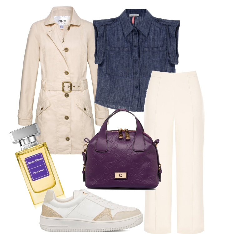 Outfit donna - Il trench beige. Stile Casual per Tutti i giorni. Abbinamento con trench, profumi, camicie a manica corta, pantaloni capri, sneakers, borse a spalla.