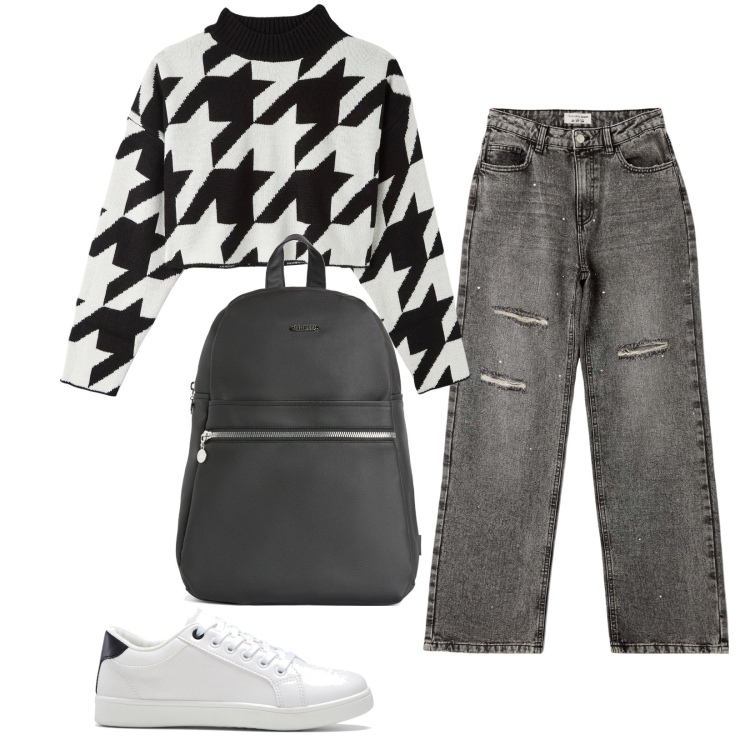 Outfit donna - Sportiva e alla moda. Stile Casual per Tutti i giorni. Abbinamento con sneakers, jeans strappati, maglieria, zaini.