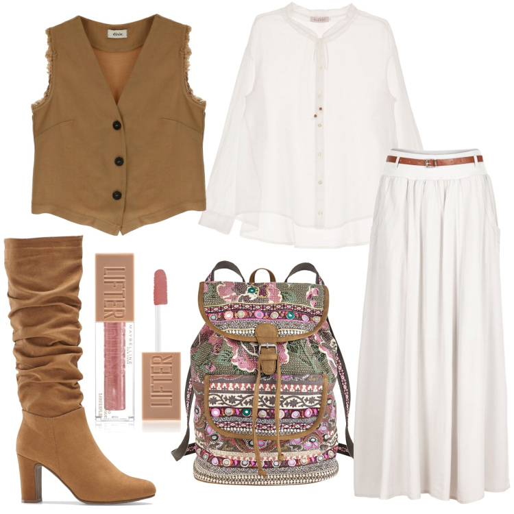 Outfit donna - Marrone e bianco. Stile Boho per Tutti i giorni. Abbinamento con zaini, stivali, gonne lunghe, gloss, gilet, camicie.