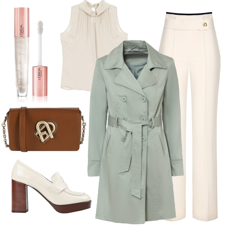 Outfit donna - Trench verde. Stile Bon Ton per Serata fuori. Abbinamento con trench, mocassini, borse a tracolla, gloss, pantaloni a palazzo, canottiere.