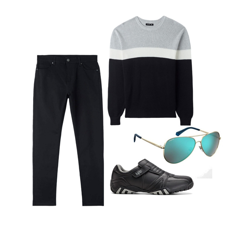Outfit uomo - Ghost outfitter - settembre. Stile Trendy per Tutti i giorni. Abbinamento con scarpe stringate, pantaloni skinny, maglieria, occhiali da sole.