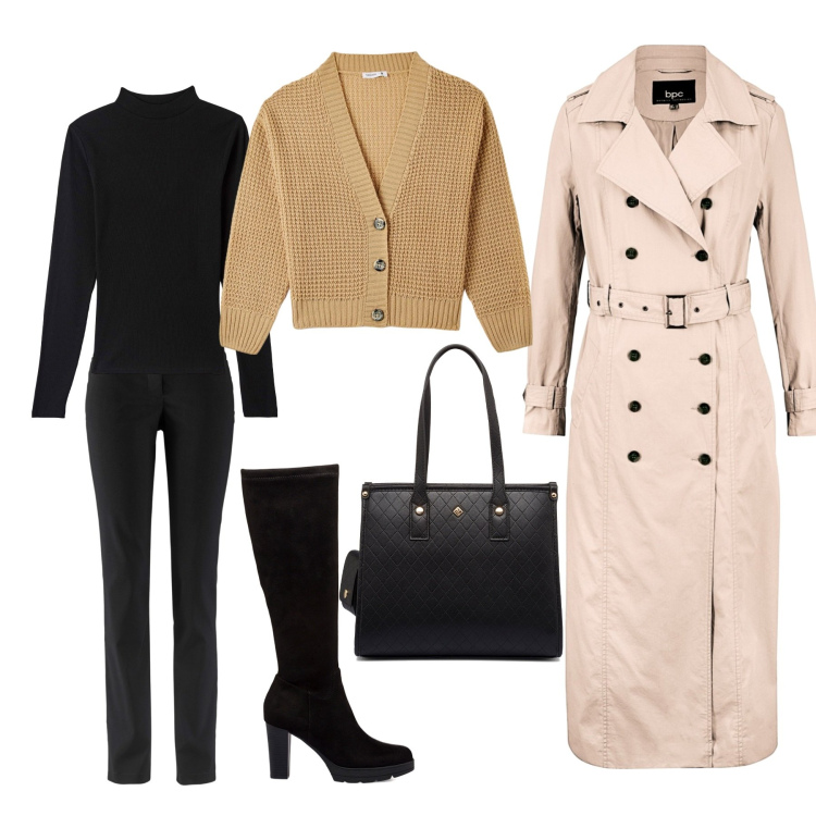 Outfit donna - Trench latte macchiato. Stile Basic per Tutti i giorni. Abbinamento con pantaloni, trench, cardigans, t-shirt, borse a spalla, stivali sopra il ginocchio.