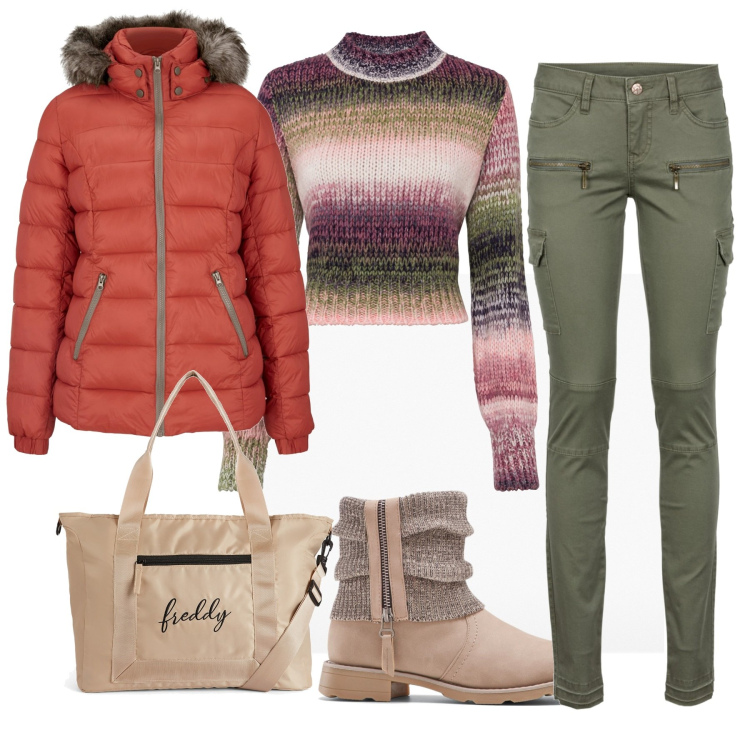 Outfit donna - Comoda in città. Stile Military per Tutti i giorni. Abbinamento con pantaloni cargo, stivaletti, maglieria, piumini, borse tote.
