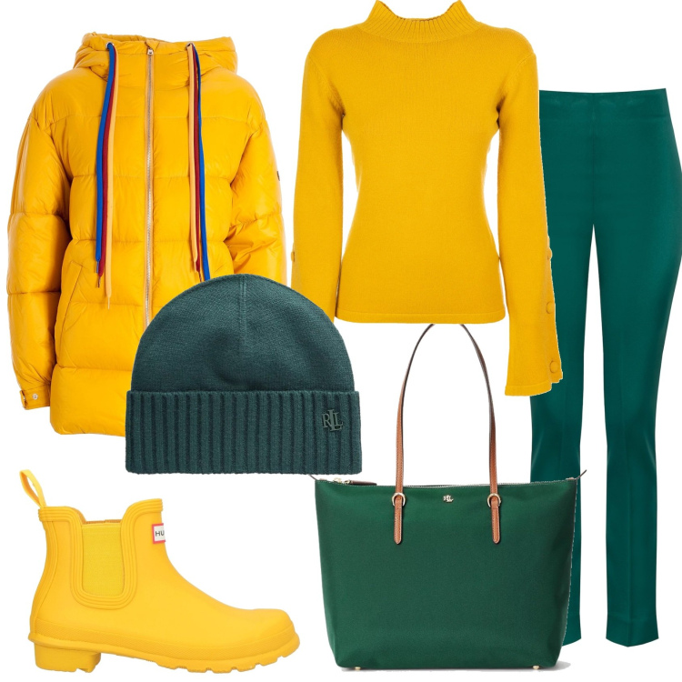 Outfit donna - Pioggia a colori. Stile Casual chic per Tutti i giorni. Abbinamento con stivaletti, pantaloni skinny, piumini, maglieria, borse tote, berretti.