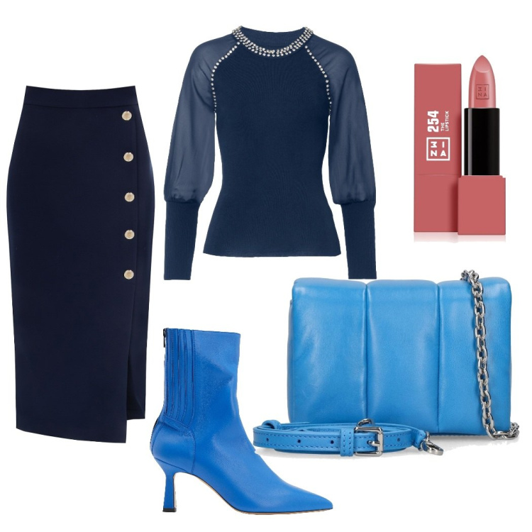 Outfit donna - Total look #1724533. Stile Romantica per Ufficio. Abbinamento con maglieria, stivaletti, rossetti, gonne longuette, borse a spalla.