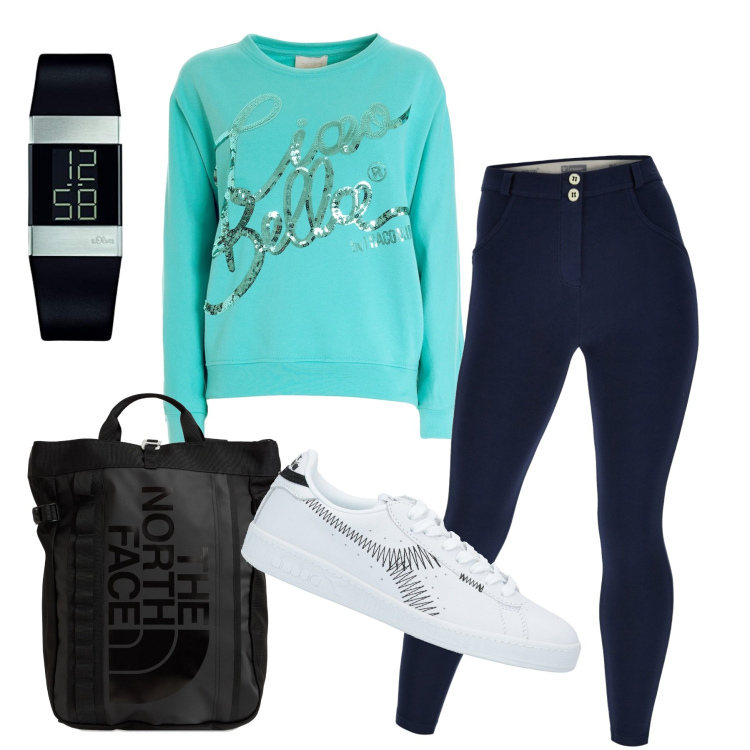 Outfit donna - Turchese e nero. Stile Basic per Scuola/Università. Abbinamento con sneakers, felpe, pantaloni skinny, orologi digitali, zaini.