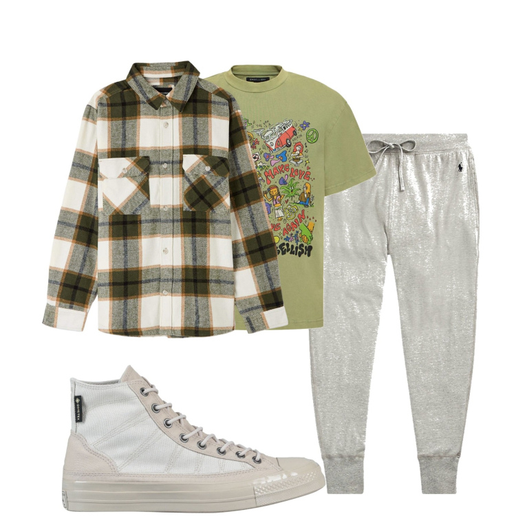 Outfit uomo - City. Stile Urban per Tutti i giorni. Abbinamento con sneakers alte, cappotti, pantaloni, t-shirt.