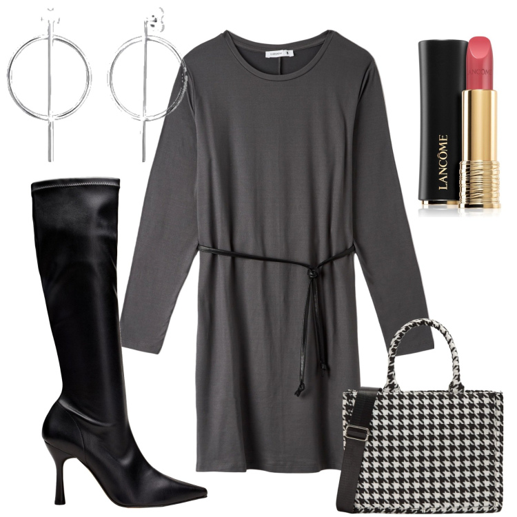Outfit donna - Il vestito grigio. Stile Casual chic per Tutti i giorni. Abbinamento con stivali sopra il ginocchio, rossetti, vestiti midi/longuette, shopping bag, orecchini.