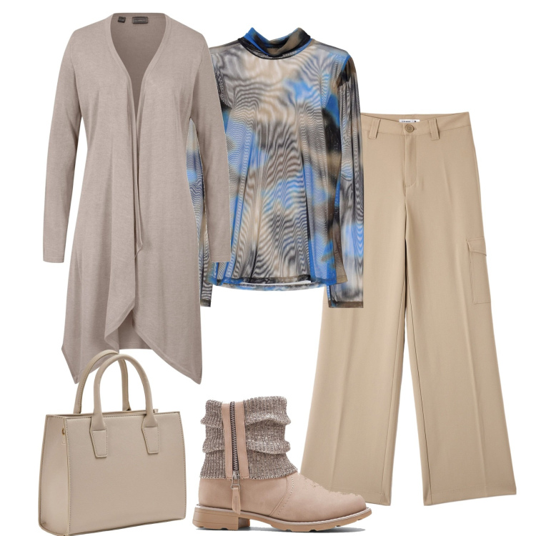 Outfit donna - Toni neutri. Stile Casual chic per Tutti i giorni. Abbinamento con stivaletti, cardigans, shopping bag, pantaloni cargo, maglieria.