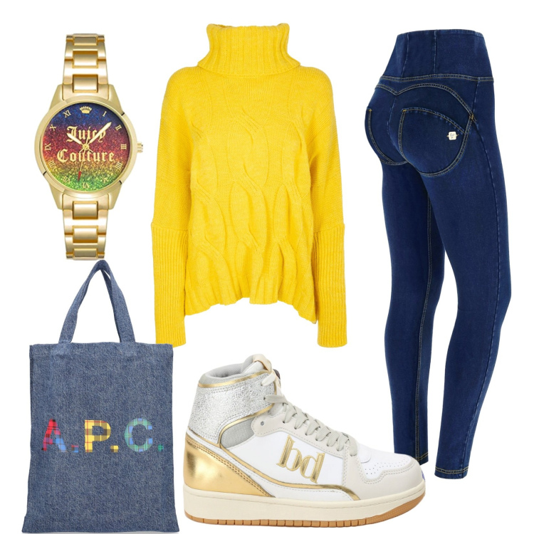 Outfit donna - Total look #1724581. Stile Casual chic per Scuola/Università. Abbinamento con maglieria, sneakers alte, pantaloni skinny, shopping bag, orologi.