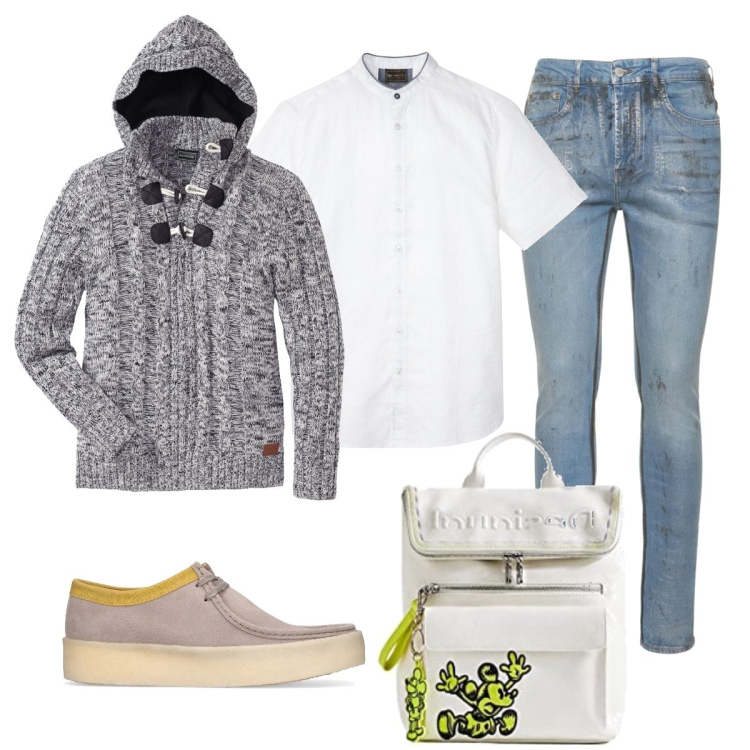 Outfit uomo - Sportivo in città. Stile Casual per Tutti i giorni. Abbinamento con maglieria, camicie a manica corta, jeans skinny, scarpe stringate, borse sportive.