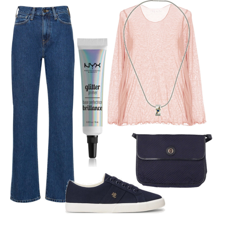 Outfit donna - Total look #1724592. Stile Casual per Tutti i giorni. Abbinamento con borse a spalla, primer, scarpe sportive, maglieria, ciondoli, jeans dritti.