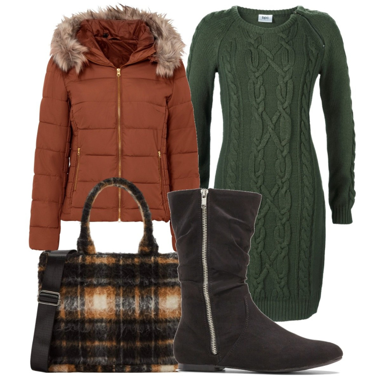Outfit donna - Benvenuto autunno. Stile Casual chic per Tutti i giorni. Abbinamento con giacche, vestiti, stivali sopra il ginocchio, shopping bag.