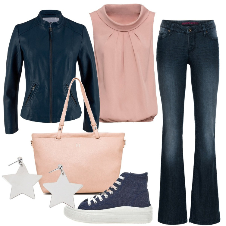 Outfit donna - In ufficio in jeans. Stile Basic per Ufficio. Abbinamento con top, giacche sportive, jeans bootcut, orecchini, borse a spalla, sneakers alte.