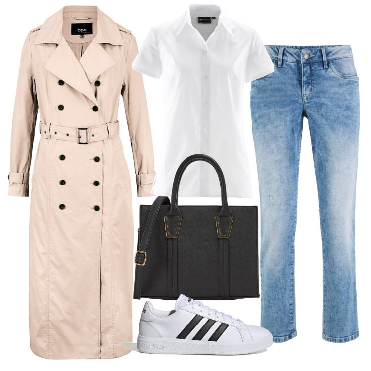 Outfit donna - Trench lungo versatile. Stile Casual per Tutti i giorni. Abbinamento con camicie a manica corta, jeans dritti, trench, shopping bag, sneakers.