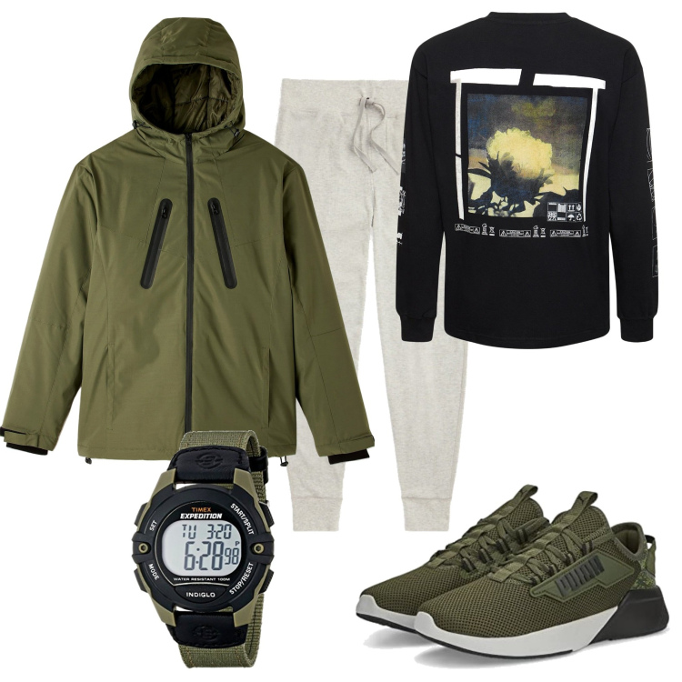 Outfit uomo - Il giubbino tecnico. Stile Casual per Tutti i giorni. Abbinamento con cappotti, pantaloni, orologi digitali, t-shirt, scarpe sportive.