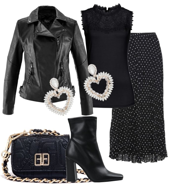 Outfit donna - La gonna giusta. Stile Chic per Serata fuori. Abbinamento con gonne, top, blazer, stivaletti, marsupi, orecchini.