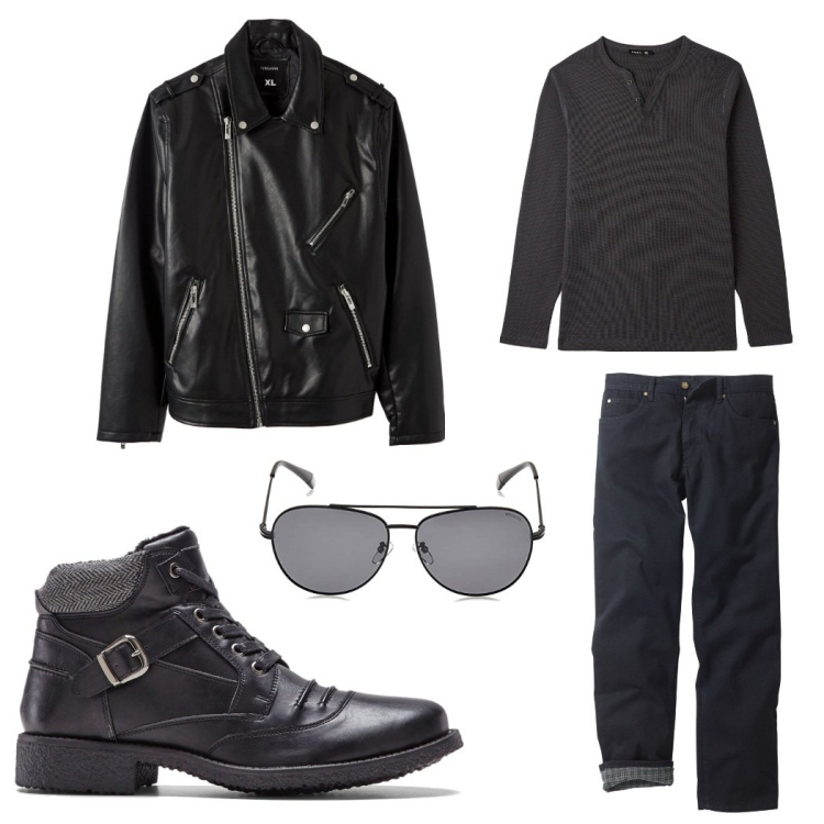 Outfit uomo - Total black. Stile Biker Rock per Tutti i giorni. Abbinamento con cappotti, t-shirt, jeans dritti, stivali e stivaletti, occhiali da sole.