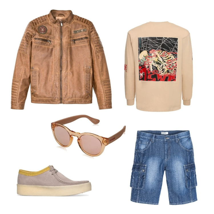 Outfit uomo - Passeggiata di inizio autunno. Stile Casual per Tutti i giorni. Abbinamento con giacche, bermuda, occhiali da sole, scarpe stringate, t-shirt.