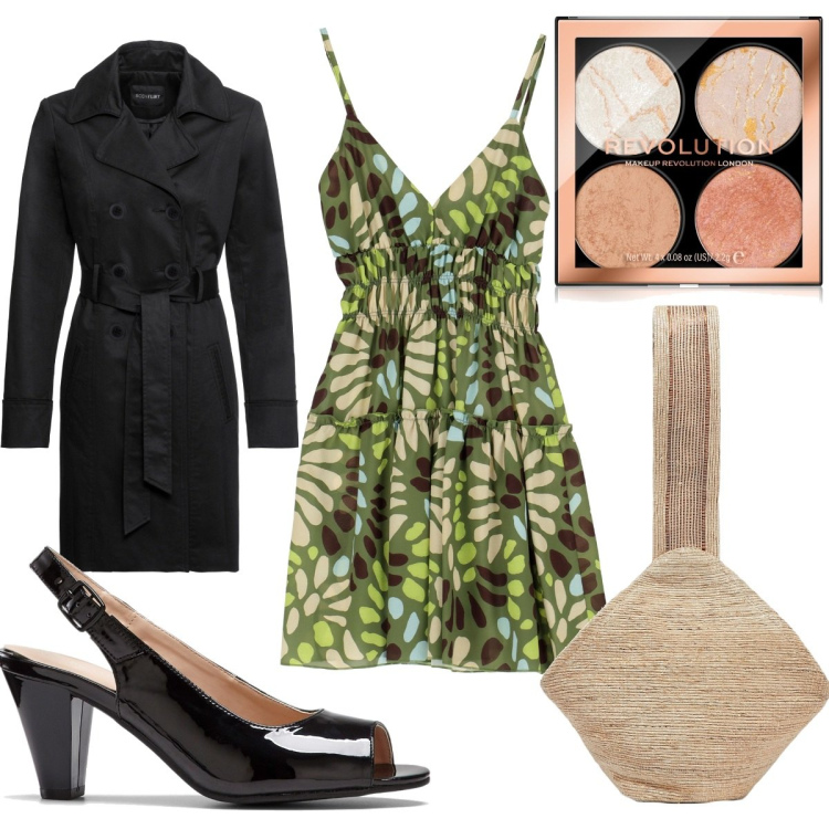 Outfit donna - Trench trendy. Stile Trendy per Tutti i giorni. Abbinamento con trench, décolleté, borse a mano, blush, vestiti corti.