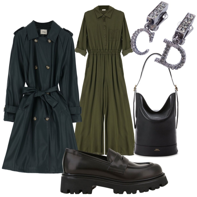 Outfit donna - Carro armato. Stile Trendy per Ufficio. look ideale per Tall. Abbinamento con orecchini, tute, mocassini, trench, borse a secchiello.