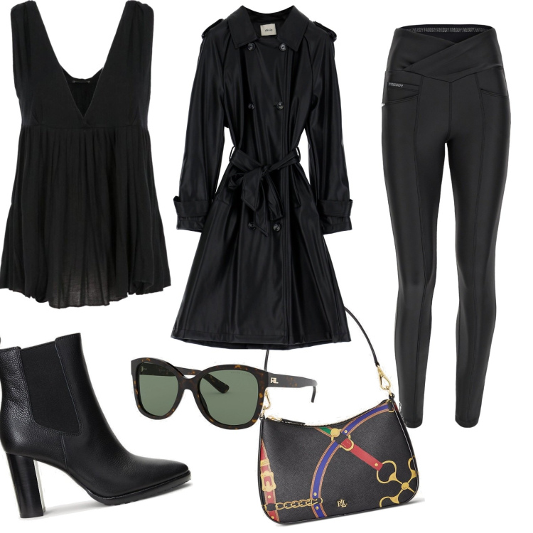 Outfit donna - Total black!. Stile Rock per Tutti i giorni. Abbinamento con top, trench, pantaloni skinny, occhiali da sole, stivaletti chelsea, borse a spalla.