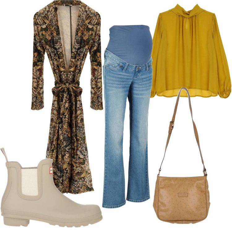 Outfit donna - Trench premaman. Stile Trendy per Tutti i giorni. look ideale per Premaman. Abbinamento con jeans, stivaletti, borse a tracolla, trench, camicie.