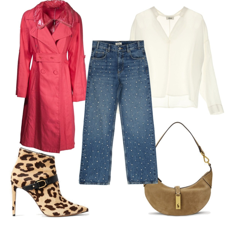 Outfit donna - Trendy in trench. Stile Trendy per Tutti i giorni. Abbinamento con trench, borse a spalla, stivaletti, jeans dritti, maglieria.