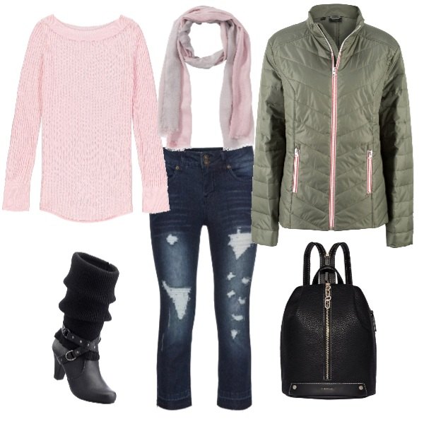 Outfit donna - Basic #15630. Stile Basic per Tutti i giorni. Abbinamento con stivali, giacche, borse a tracolla, sciarpina, maglia forma asimmetrica a trecce con cerchi e scollo a maniche lunghe rosa, borsa zainetto nero.