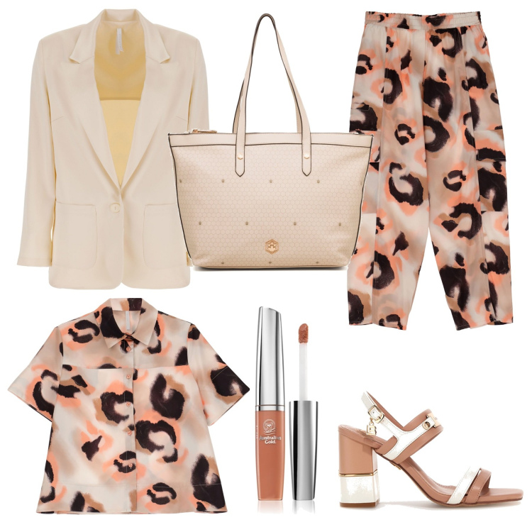 Outfit donna - Professionista. Stile Chic per Ufficio. Abbinamento con gloss, pantaloni, camicie a manica corta, giacche, borse a spalla, sandali col tacco.