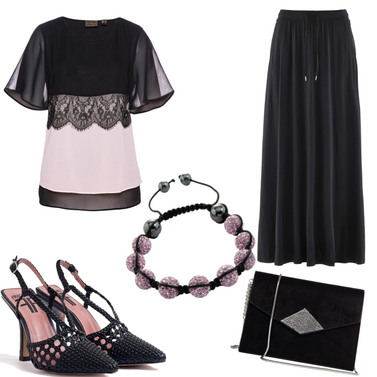 Outfit donna - Serata fuori. Stile Bon Ton per Serata fuori. Abbinamento con gonne, tuniche, pochette, décolleté, braccialetti.
