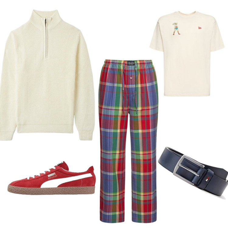 Outfit uomo - Rosso e beige. Stile Casual per Tutti i giorni. Abbinamento con sneakers, maglieria, pantaloni, cinture, t-shirt.