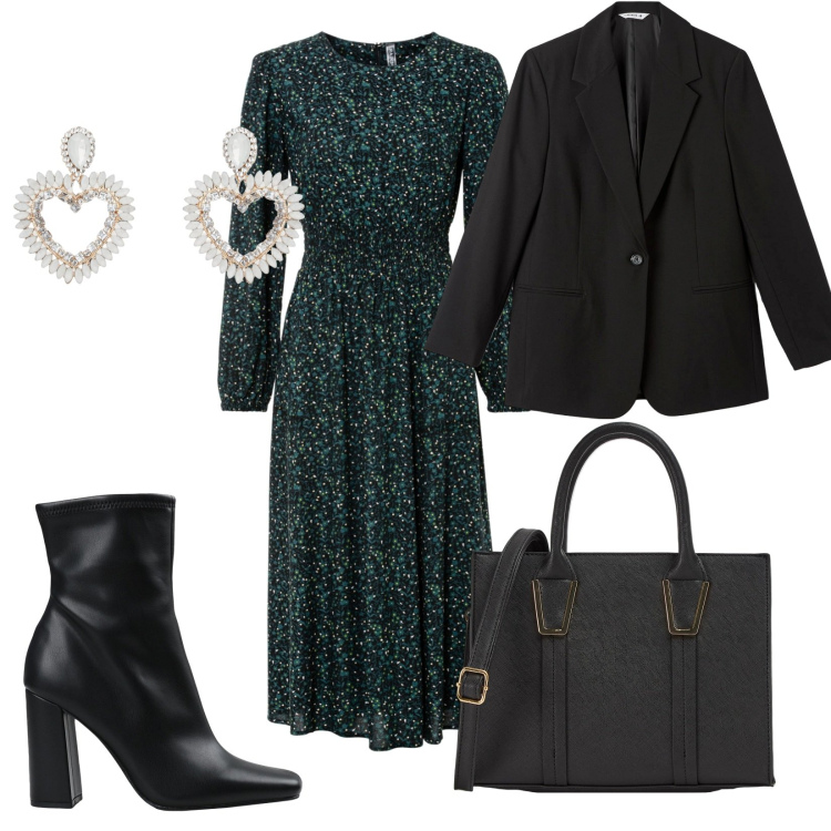 Outfit donna - Stilosa. Stile Casual chic per Serata fuori. Abbinamento con vestiti midi/longuette, stivaletti, blazer, shopping bag, orecchini.