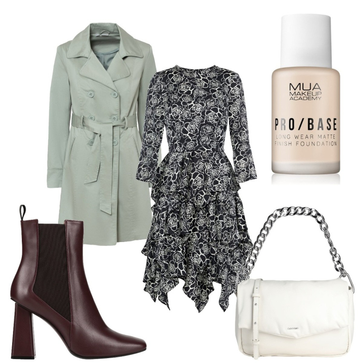 Outfit donna - Il trench. Stile Trendy per Tutti i giorni. Abbinamento con vestiti corti, borse a spalla, stivaletti chelsea, trench, fondotinta.