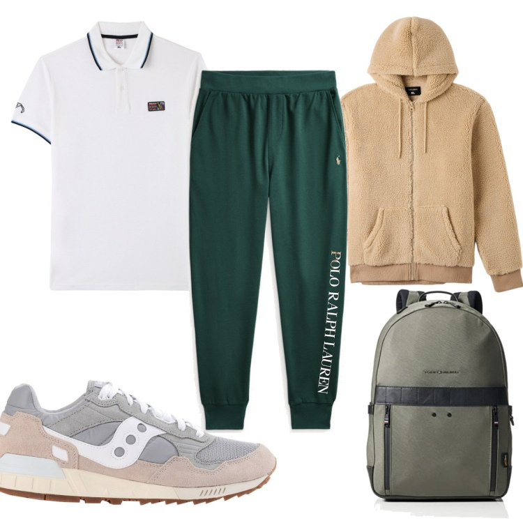 Outfit uomo - Total look #1724764. Stile Trendy per Sport. Abbinamento con sneakers, polo, felpe con cappuccio, pantaloni, borse sportive.