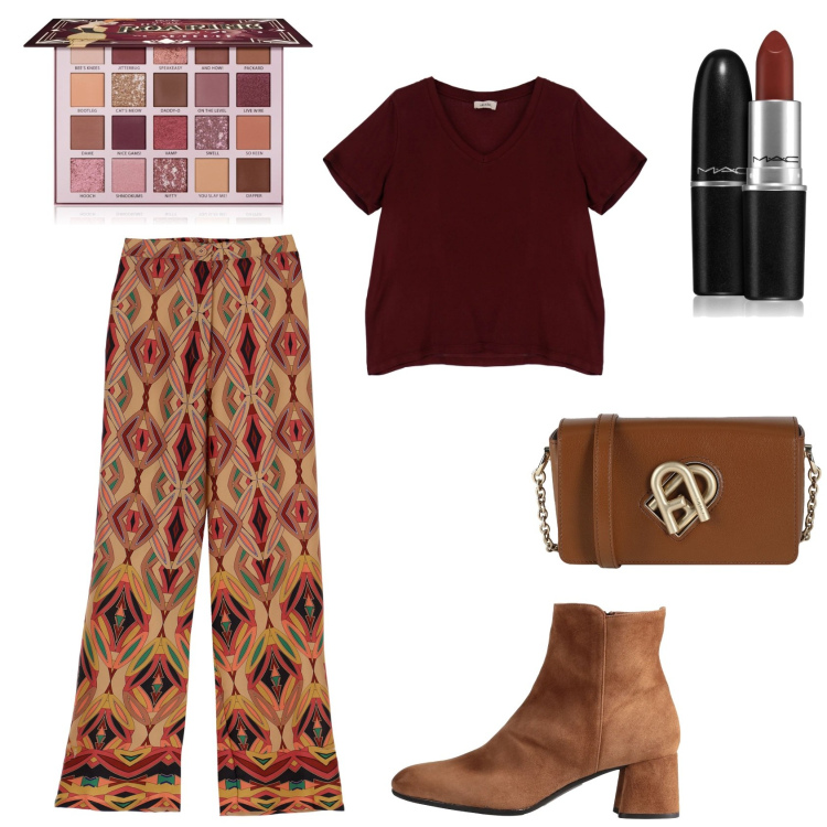 Outfit donna - Foglie d\'autunno. Stile Boho per Tutti i giorni. Abbinamento con borse a tracolla, stivaletti, rossetti, ombretti, pantaloni a palazzo, t-shirt.