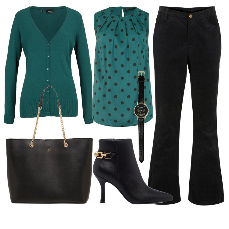 Outfit donna - Verde a pois. Stile Casual chic per Ufficio. Abbinamento con pantaloni, top, cardigans, stivaletti, borse a spalla, orologi.