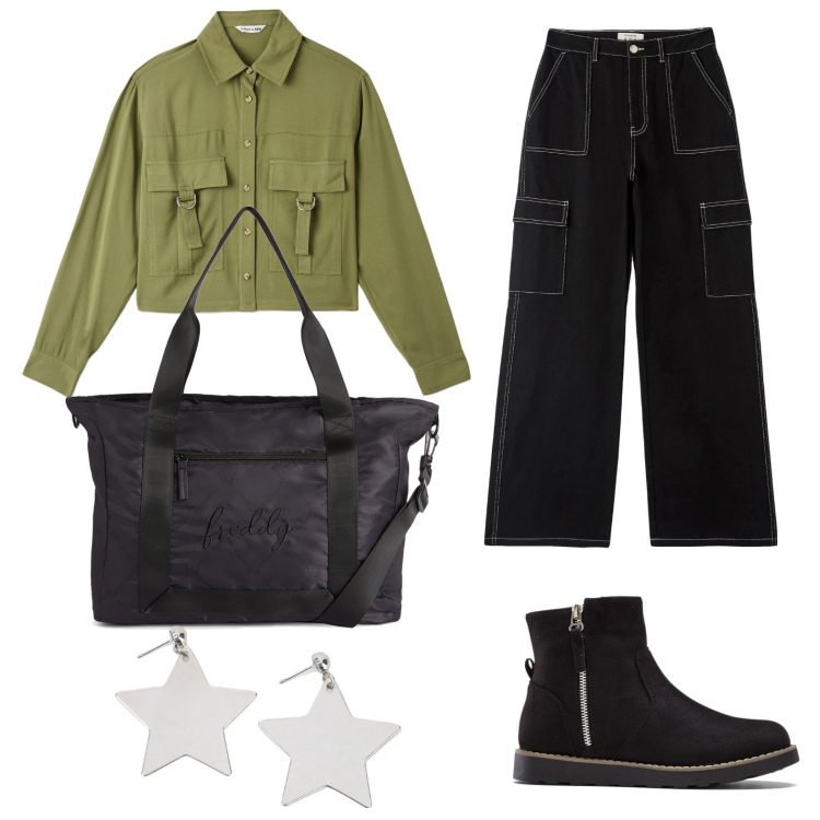 Outfit donna - Total look #1724813. Stile Casual per Tutti i giorni. Abbinamento con stivaletti, pantaloni cargo, camicie, borse tote, orecchini.