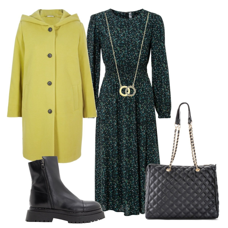 Outfit donna - Tendenza verde oliva dorata. Stile Boho per Tutti i giorni. Abbinamento con vestiti midi/longuette, shopping bag, cappotti, stivaletti, collane.