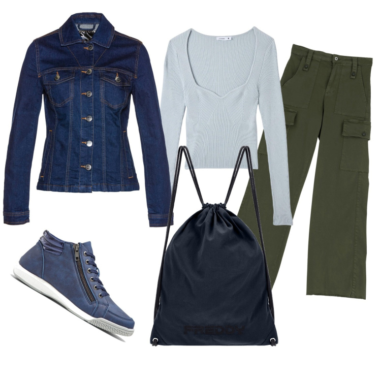 Outfit donna - Total look #1724822. Stile Casual per Tutti i giorni. Abbinamento con sneakers alte, blazer, maglieria, zaini, pantaloni cargo.