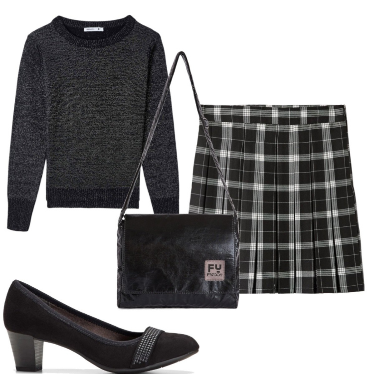 Outfit donna - Total look #1724867. Stile Preppy per Scuola/Università. Abbinamento con décolleté, minigonne, maglieria, borse a tracolla.